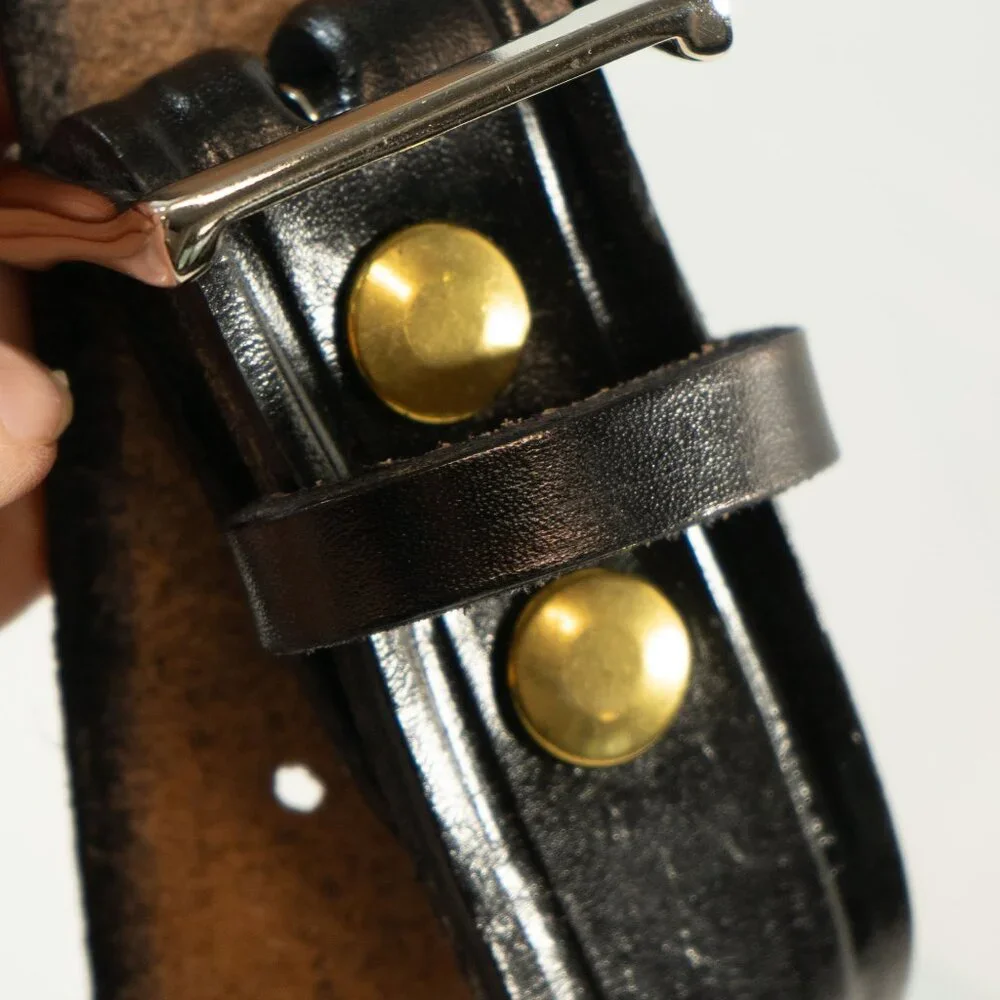 Vintage Black Leather Cowboy Belt Western Silver Tone Brass Buckle Heritage Belt